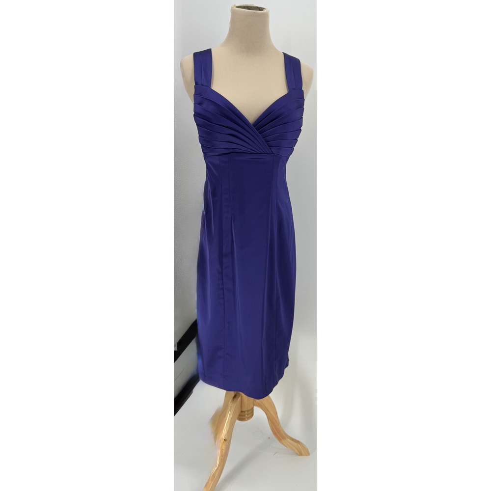 Calvin Klein Purple Satin Pleated Surplice Crisscross Back Sheath Dress 6 *READ*